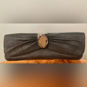 Black Franchi Woven Clutch Wood & Jewel Detail 11” x 4.5” chain